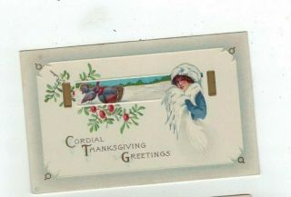 Antique Embossed Stecher Thanksgiving Post Card Lady In Ermine Furs