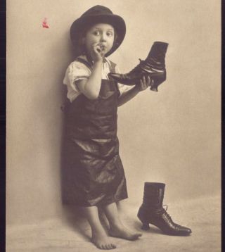 Edwardian Child Smoking Dressed As Shoemaker.  Old Real Photo Postcard France