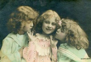 Rppc Three Darling Girls W Curly Hair Antique Tinted Real Photo Postcard