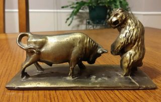 Vintage Wall Street Stock Market Bear And Bull Brass Paperweight Desk Decor