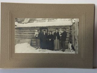 Antique Photo Cabinet Card Of 2 Families And A Dog In Front Of A Log Cabin