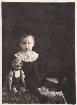 1939 Cute Little Girl With Doll Toy Laced Collar Fashion Russian Antique Photo