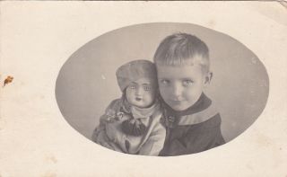 1938 Cute Little Girl Hugs Doll Toy Old Fashion Russian Antique Photo