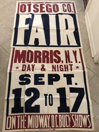 7ft Otsego Co.  Fair Vintage Carnival Poster Morris,  Ny 1940s 4 - Panel