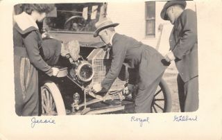Real Photo Postcard Jessie Royal Gilbert Work On Vintage Car Lady Holds Pan 1917