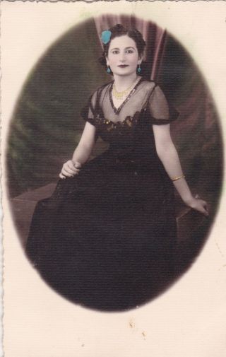 Egypt Old Vintage Photograph.  Cute Lady With Black Dress.  Hand Colored