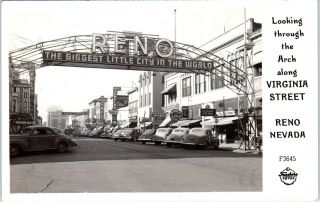 Rppc Reno,  Nv Virginia Street Scene Reno Arch 1946 Cars Frasher Postcard