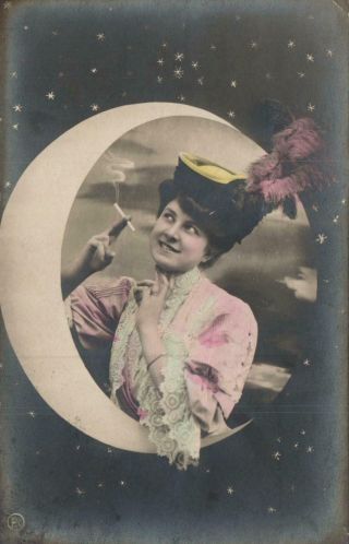 1907 Hand - Coloured Photo Lady Smoking Cigarette Postcard - Sent To Dallas,  Tx