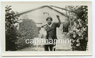Odd Looking Woman Holds Up Treat For Pit Bull Terrier Dog Vintage 1930s Photo
