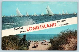 Postcard Ny Banner Dual View Greetings From Long Island York Vintage P3