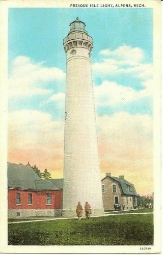 Vintage Postcard Alpena Michigan Presque Isle Light House