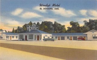 El Dorado Arkansas Woodys Motel Street View Linen Antique Postcard K26927