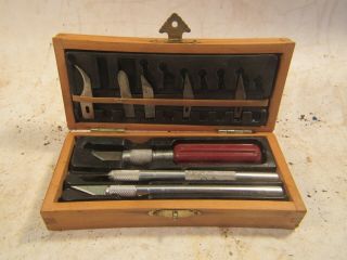Vintage 3 Handles X - Acto Knife Set In Wooden Box Made In Usa