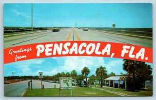 Postcard Fl Banner Dual View Greetings From Pensacola Vintage O11