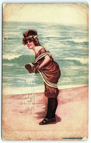 Vtg Postcard Bathing Beauty Chicago Il 1926 Benedict Signed Artist Beach Sand A8