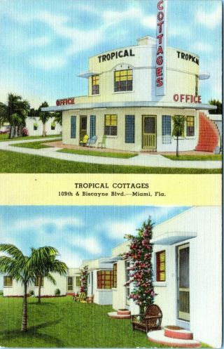 Miami Florida Tropical Cottages Motel Biscayne Blvd 1940s Linen Postcard