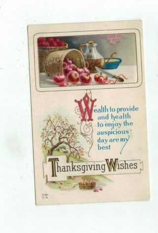 Antique Embossed Nash Thanksgiving Post Card Basket Of Apples Gold Foil