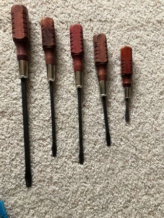 Set Of 5 Steel/wood Hurwood Vintage Screwdrivers Flat Head Ecu