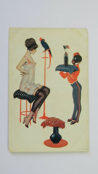 Ww1 Risque Erotic Vintage French Ribas Postcard Stockings Boobs Cockatoo Shell
