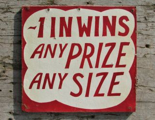 Vintage Carnival Game Sign 1 In Wins Any Prize Target Midway Arcade Game Ride