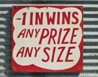 VINTAGE CARNIVAL GAME SIGN 1 IN WINS ANY PRIZE target midway arcade game ride 5