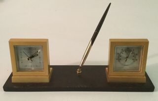 Vintage Bulova Weather Station Desk Alarm Clock Pen Thermometer Wood Base