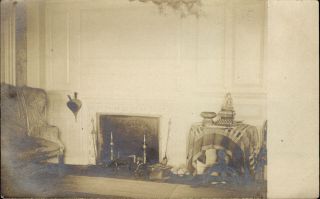 Rppc Victorian Fireplace Bellow Antique Toaster? Buddha? Vintage Photo Postcard