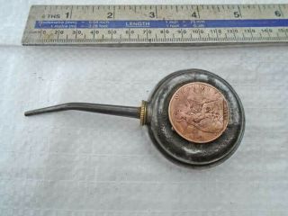 Antique 2 " Round Steel & Brass Oil Can Oiler With 1916 Penny Old Tool