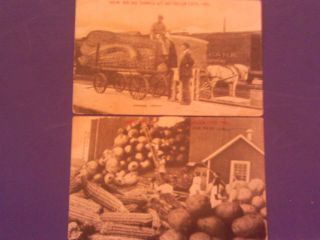2 1912 Postcards Exaggeration Train & Wells Fargo Wagon Michigan City Indiana