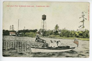 Jolly Five On Beaver Dam Lake Cumberland Wi Boat W Flag Antique Pc Ca.  1908