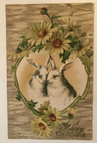 Cute Bunny Rabbits In Circle Of Flowers Antique Embossed Easter Postcard - B664