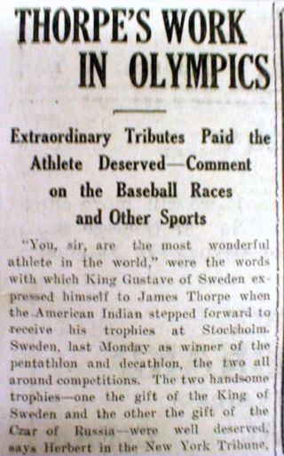 1912 Newspaper Jim Thorpe Wins Olympic Decathlon & Called Best Athlete In World