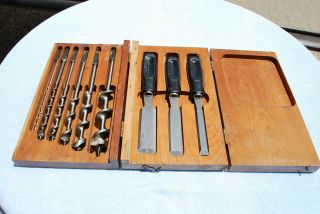 Vintage Wood Boxed Set Of 6 Acrabore Auger Drill Bits & 3 Stanley Chisels