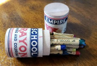 Antique Early Falcon Empire Crayons W/ Advertising Wood Container