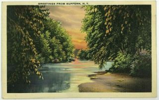 Greetings From Suffern York Ny River Stream Sunset Vintage Linen Postcard