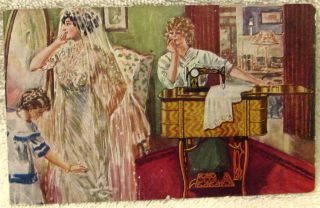 Ca 1910 Sewing Machine Advertising Postcard Seamstress Bridal Gown Fitting