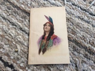 Antique 1910 Postcard Of Native American Woman With 1 Cent Washington Stamp