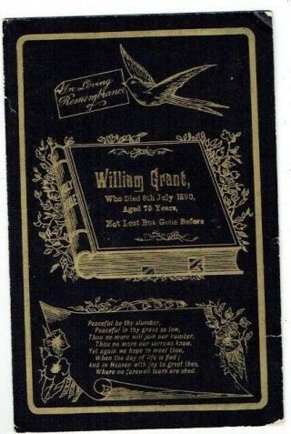 Cabinet Size Mourning Card For Cabinet Photo Album William Grant Died 8 - 7 - 1890