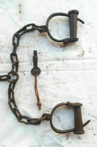 Old Vintage Antique Strong Heavy Iron Long chain Rare Adjustable Lock Handcuffs 4