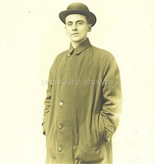 Vintage Photo: Intriguing Young Man In Bowler Hat & Raincoat W Lg Pockets