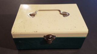 Vintage White Green Metal Tool Storage Utility Money Cash Box 9 " X 6 - 1/2 "