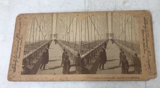“on The Promenade,  Brooklyn Bridge” - Antique Stereoscope Stereoview Card
