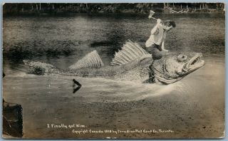 Fishing I Got Him Canada Antique 1910 Exaggerated Real Photo Postcard Rppc