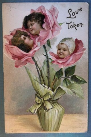 Child Faces In Flowers " Love Token " Antique 1907 Embossed Fantasy Postcard - C744