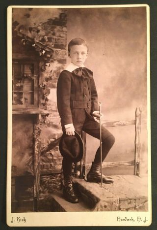 Neat Vintage Cabinet Photo Of Young Boy Dressed Up & Has Cane 3807