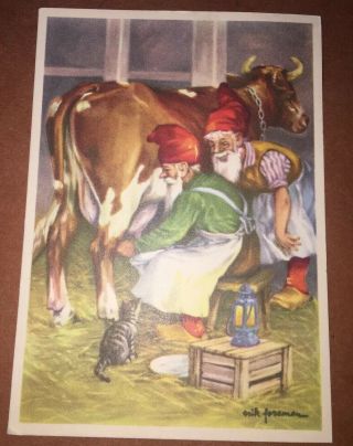 Vintage Christmas Swedish Mini Postcard Gnomes Elf Milking Cow Kitten Lantern