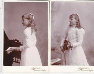 2 Antique Cabinet Photos.  Pretty Young Girl.  Long Hair.  Instrument.  Bedford