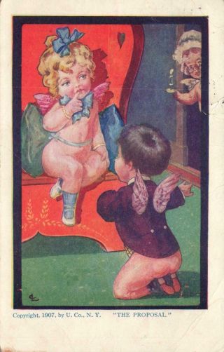 1907 Vintage The Proposal Postcard - 2 Semi Naked Cherub Lovers & Sneaky Nanny