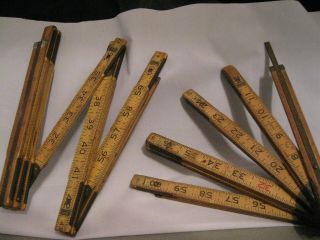 2 Vintage Wood & Brass Extension Rule Folding Measuring Stick Ruler Made In Usa