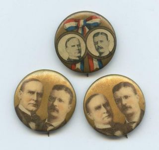 18 - 1900’s Three Mckinley & Roosevelt Jugate Celluloid Pinback Buttons